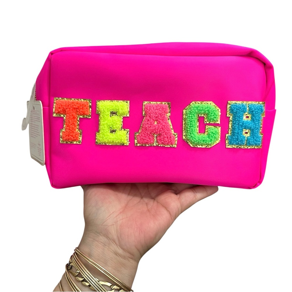 🦋Gloss & Glo Pink Teacher Travel pouch with sew on patches
